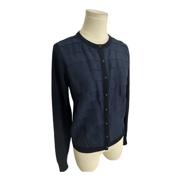 J. CREW Navy Blue Cardigan Sweater 100% Merino Wool Silk Ruffles‎ Buttons Size M - Picture 2 of 6